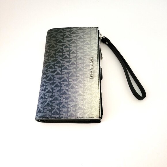 Michael Kors Jet Set Travel Large Double Zip Wristlet Clutch Black MK Logo Ombre - Picture 5 of 7